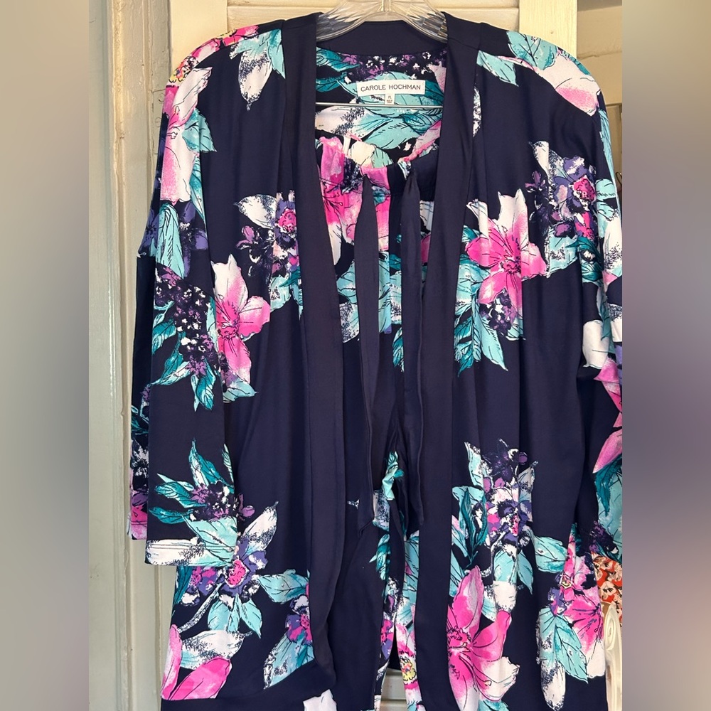 Carole Hochman Womens 2 Piece Lounge Set Blue Pink Hibiscus Cardigan & Pants PL